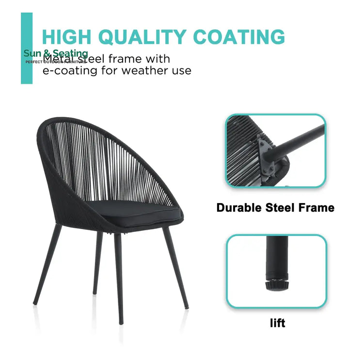 Sam Outdoor Patio Seating Set 2 Chairs and 1 Table Set (Black) Braided &amp; Rope Coffee Table Sets