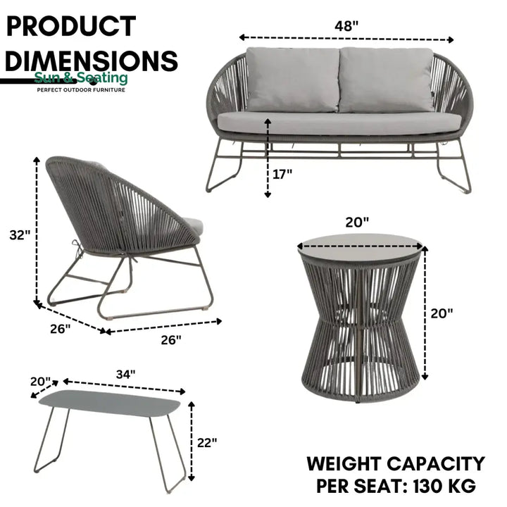 Sawyer Outdoor Rope 4-Piece Patio Sofa Set with Glass Top Tables Sofa Set