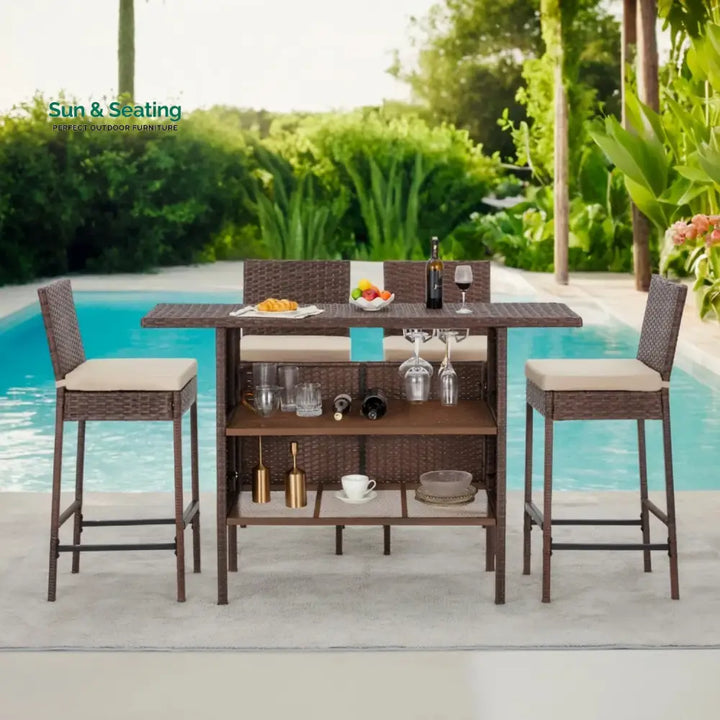 Sayaka 5-Piece Outdoor Rattan Wicker Bar Set with Wicker Top Table Bar Set