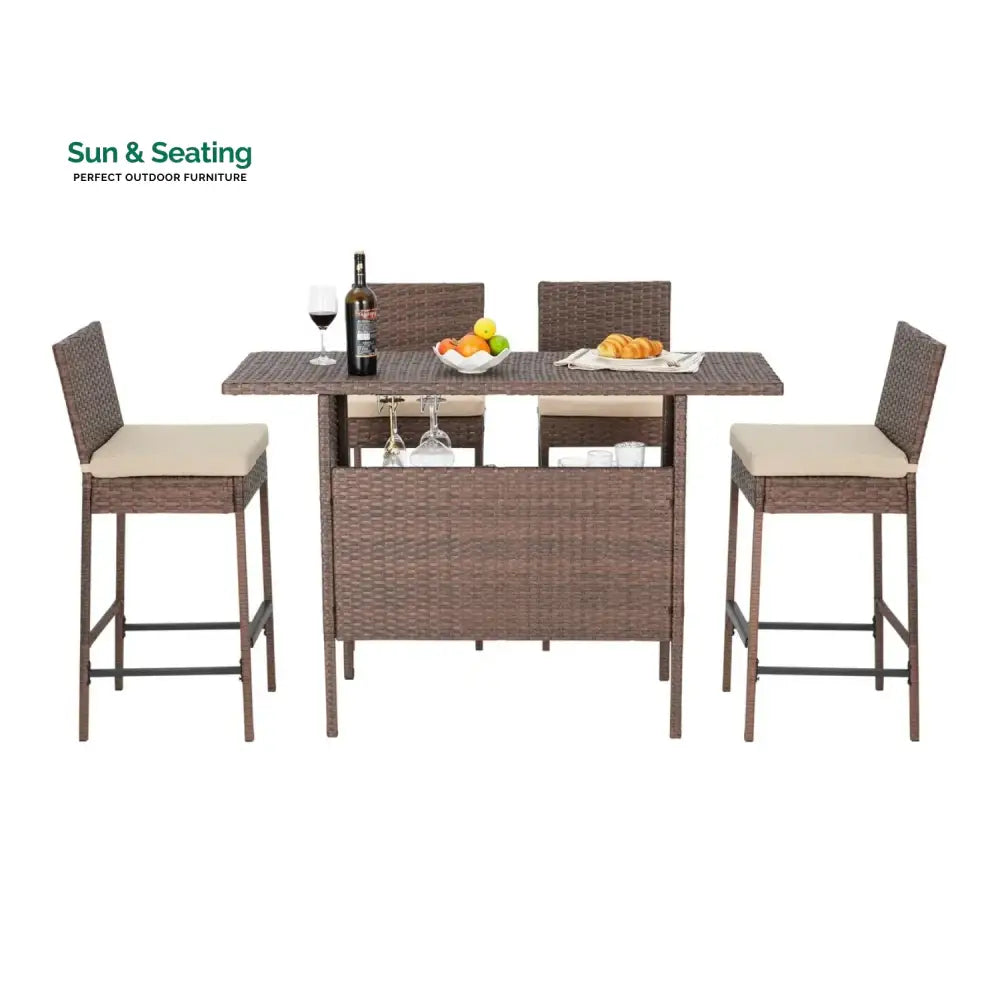 Sayaka 5-Piece Outdoor Rattan Wicker Bar Set with Wicker Top Table Bar Set