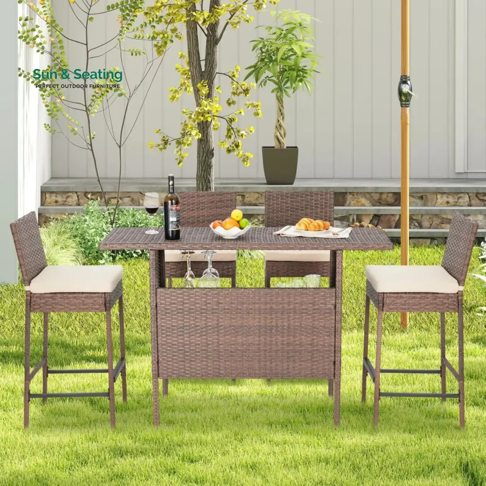 Sayaka 5-Piece Outdoor Rattan Wicker Bar Set with Wicker Top Table Bar Set