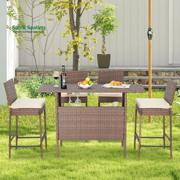 Sayaka 5-Piece Outdoor Rattan Wicker Bar Set with Wicker Top Table Bar Set
