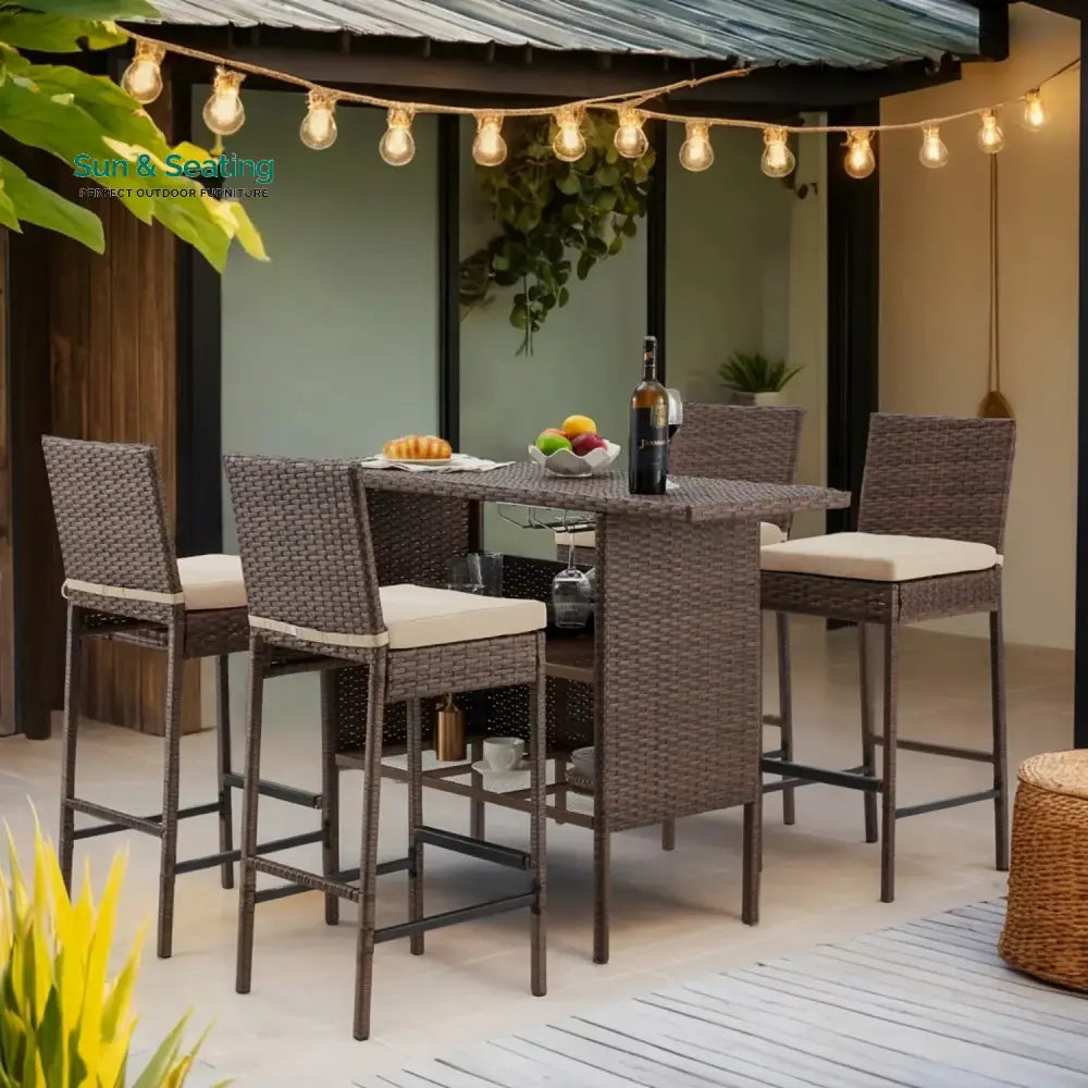 Sayaka 5-Piece Outdoor Rattan Wicker Bar Set with Wicker Top Table Bar Set