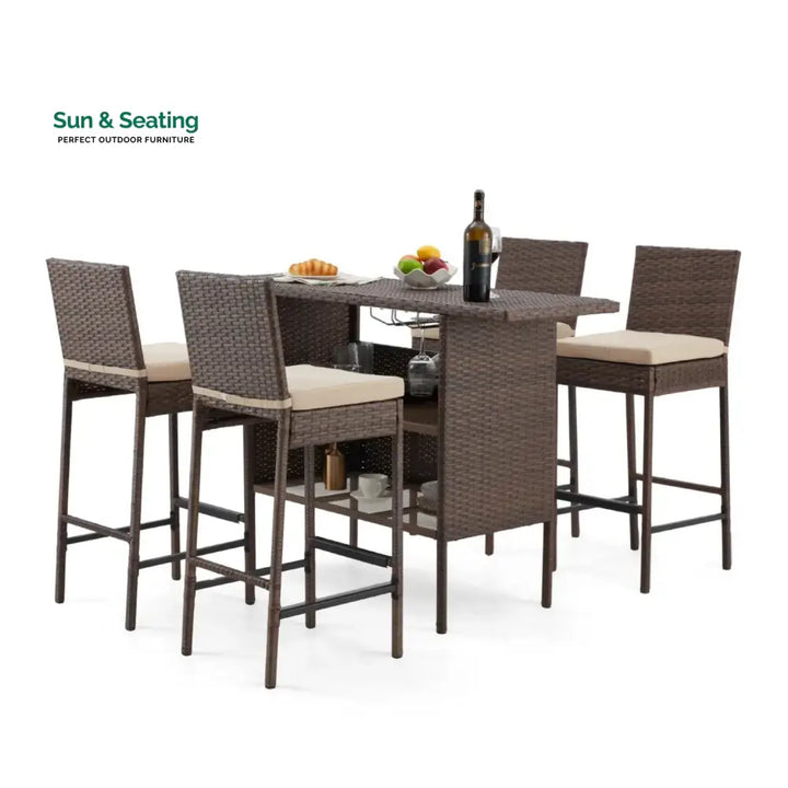 Sayaka 5-Piece Outdoor Rattan Wicker Bar Set with Wicker Top Table Bar Set