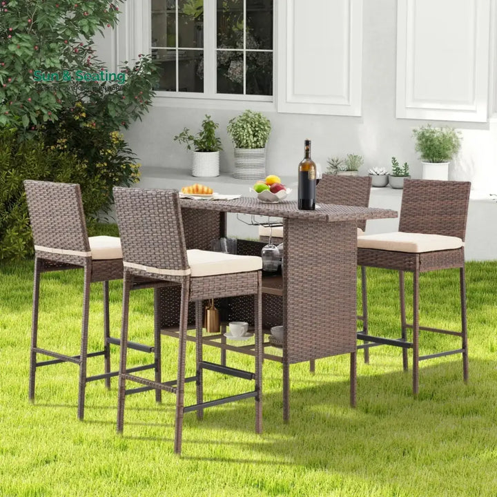 Sayaka 5-Piece Outdoor Rattan Wicker Bar Set with Wicker Top Table Bar Set