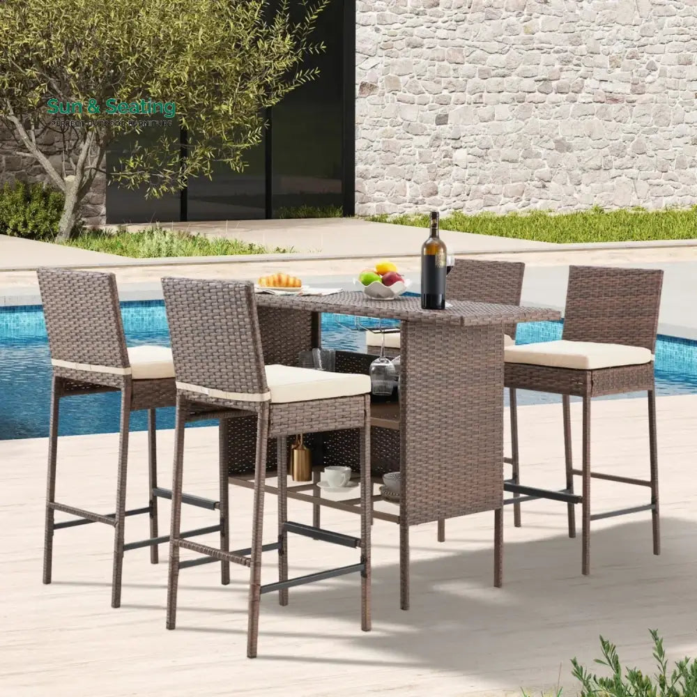 Sayaka 5-Piece Outdoor Rattan Wicker Bar Set with Wicker Top Table Bar Set