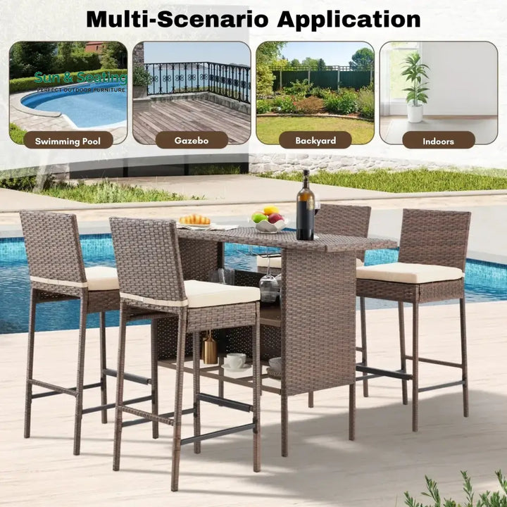Sayaka 5-Piece Outdoor Rattan Wicker Bar Set with Wicker Top Table Bar Set