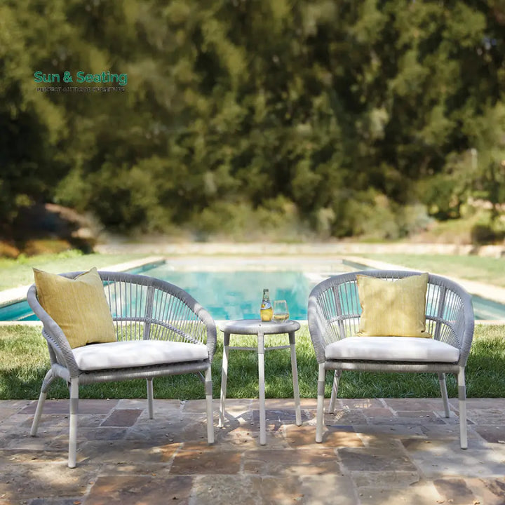 Scry Outdoor Patio Seating Set 2 Chairs and 1 Table Set (Silver + White) Braided &amp; Rope Coffee Table Sets