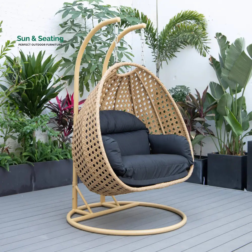 Scutari Double Seater Hanging Swing With Stand For Balcony Garden Swing (Honey) Black Swings