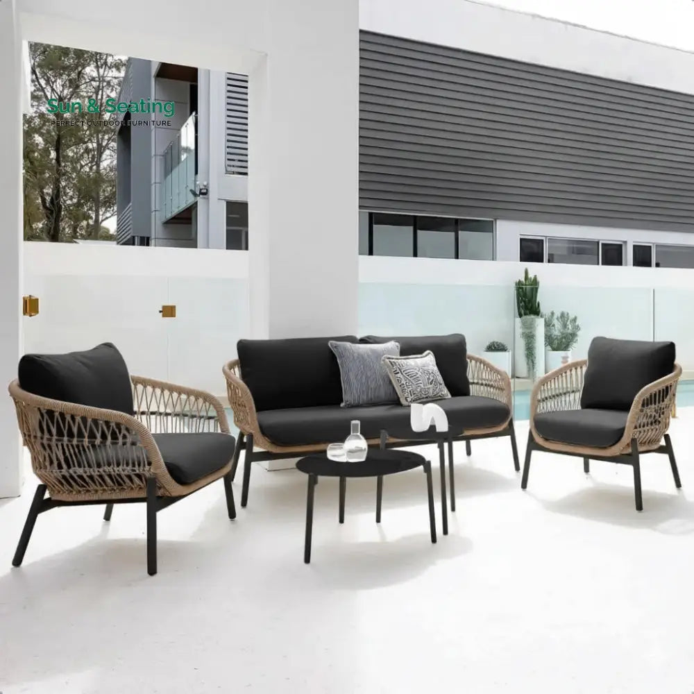 Seibi Outdoor Garden Balcony Sofa Set 2 Seater 2 Single Seater 2 Center Table Set Braided and Rope Beige-Black Sofa Sets