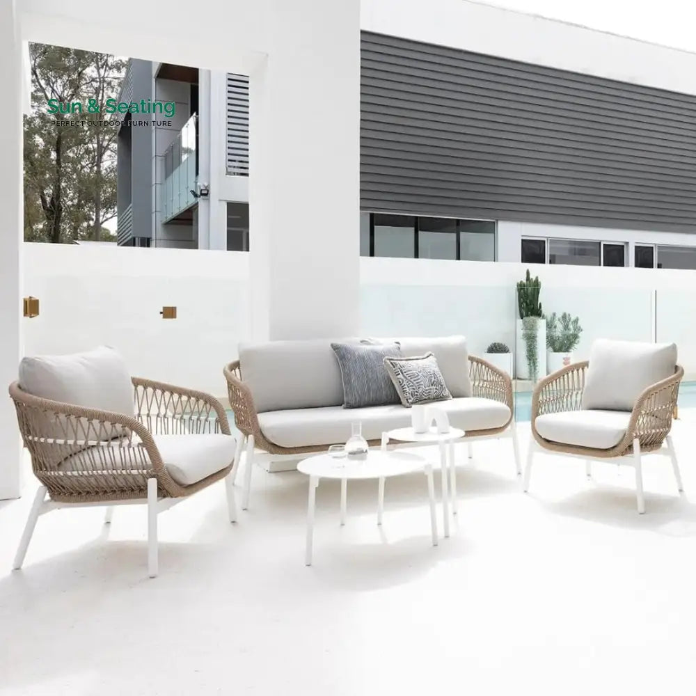 Seibi Outdoor Garden Balcony Sofa Set 2 Seater 2 Single Seater 2 Center Table Set Braided and Rope Beige Sofa Sets