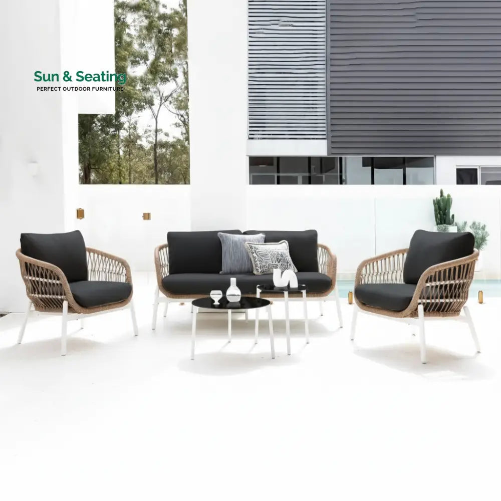 Seibi Outdoor Garden Balcony Sofa Set 2 Seater 2 Single Seater 2 Center Table Set Braided and Rope Beige-White Sofa Sets