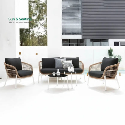 Seibi Outdoor Garden Balcony Sofa Set 2 Seater 2 Single Seater 2 Center Table Set Braided and Rope Beige-White Sofa Sets