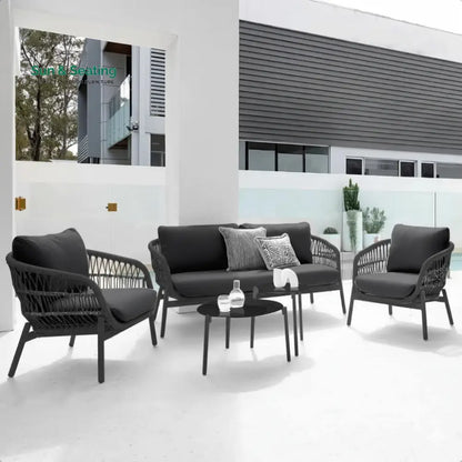 Seibi Outdoor Garden Balcony Sofa Set 2 Seater 2 Single Seater 2 Center Table Set Braided and Rope Black Sofa Sets
