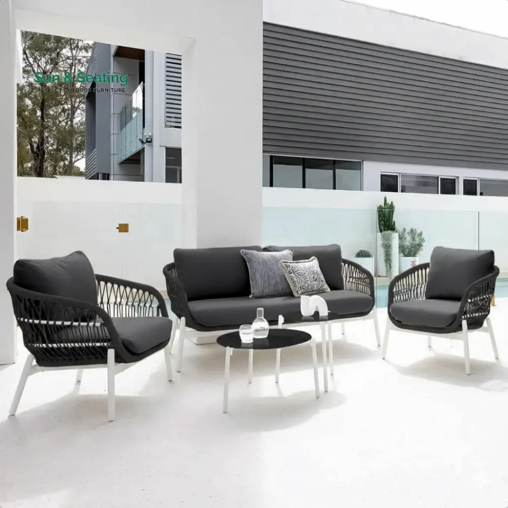 Seibi Outdoor Garden Balcony Sofa Set 2 Seater 2 Single Seater 2 Center Table Set Braided and Rope Black-Black Sofa Sets