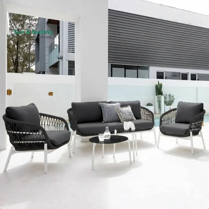 Seibi Outdoor Garden Balcony Sofa Set 2 Seater 2 Single Seater 2 Center Table Set Braided and Rope Black-Black Sofa Sets