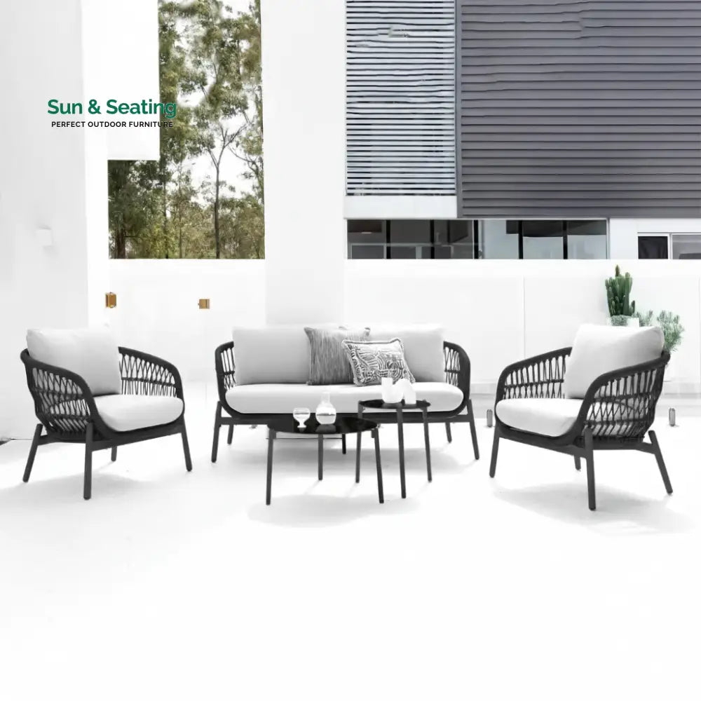 Seibi Outdoor Garden Balcony Sofa Set 2 Seater 2 Single Seater 2 Center Table Set Braided and Rope Black-White Sofa Sets