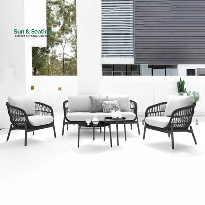 Seibi Outdoor Garden Balcony Sofa Set 2 Seater 2 Single Seater 2 Center Table Set Braided and Rope Black-White Sofa Sets