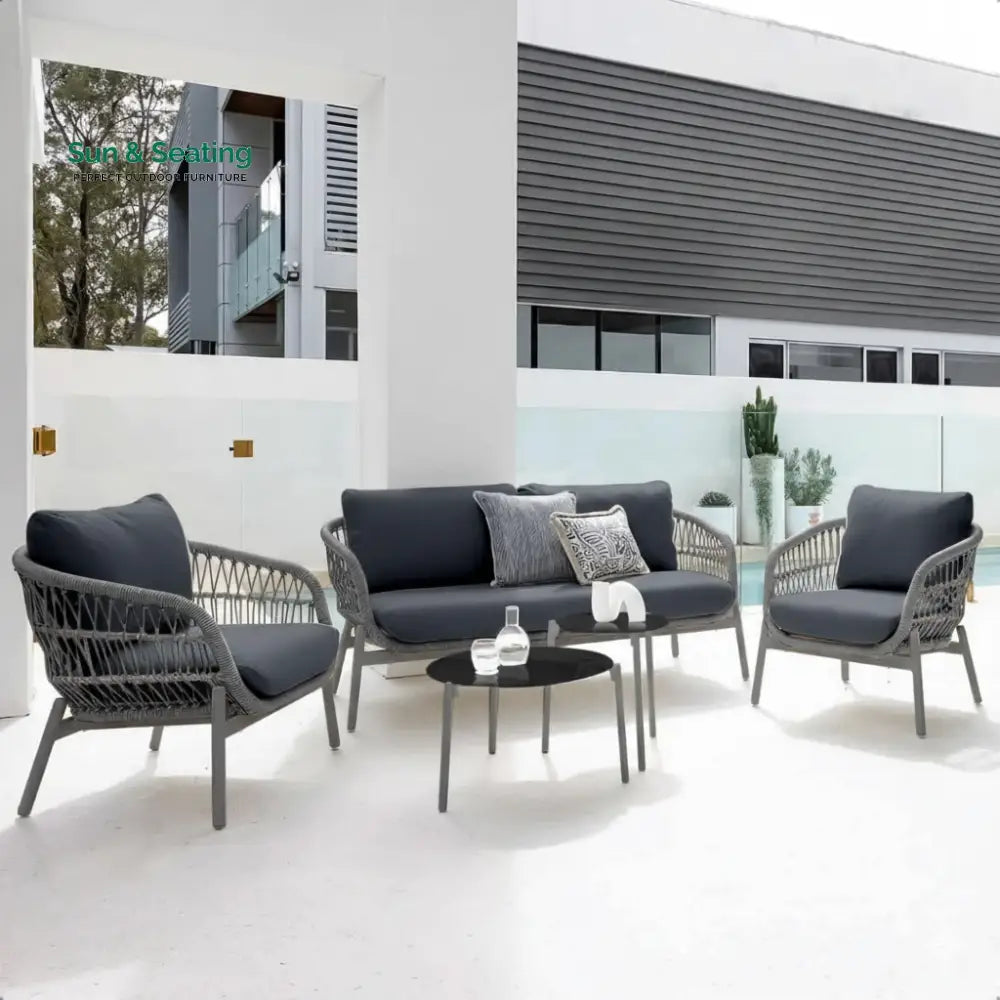 Seibi Outdoor Garden Balcony Sofa Set 2 Seater 2 Single Seater 2 Center Table Set Braided and Rope Gray Sofa Sets