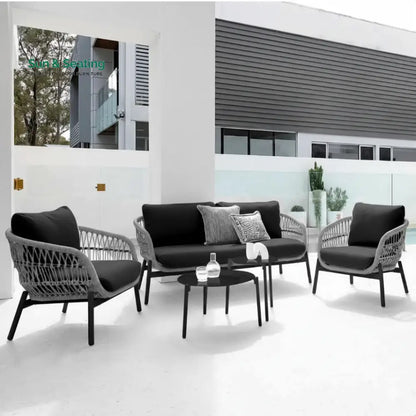 Seibi Outdoor Garden Balcony Sofa Set 2 Seater 2 Single Seater 2 Center Table Set Braided and Rope Grey-Black Sofa Sets