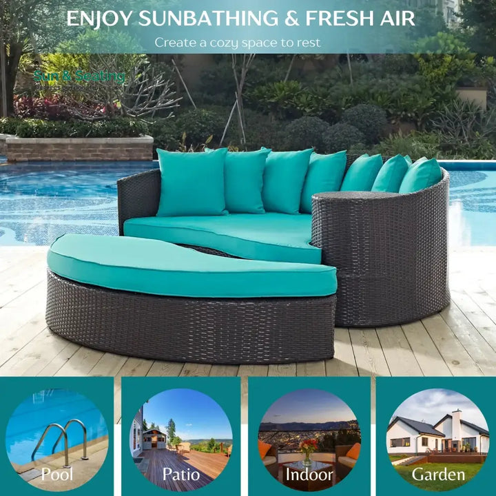 Senta Outdoor Rattan Wicker Daybed (Dark Brown &amp; Turquoise Blue) Daybed