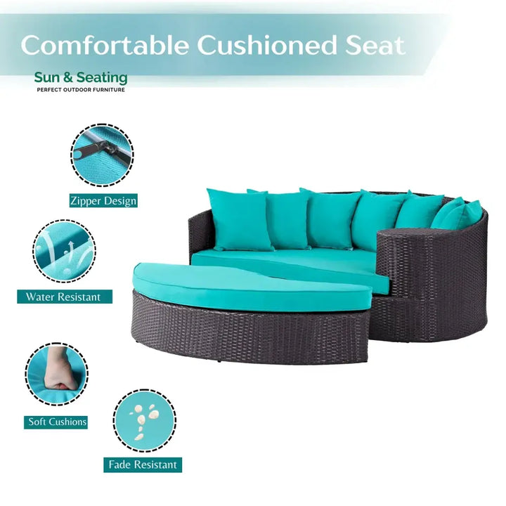 Senta Outdoor Rattan Wicker Daybed (Dark Brown &amp; Turquoise Blue) Daybed