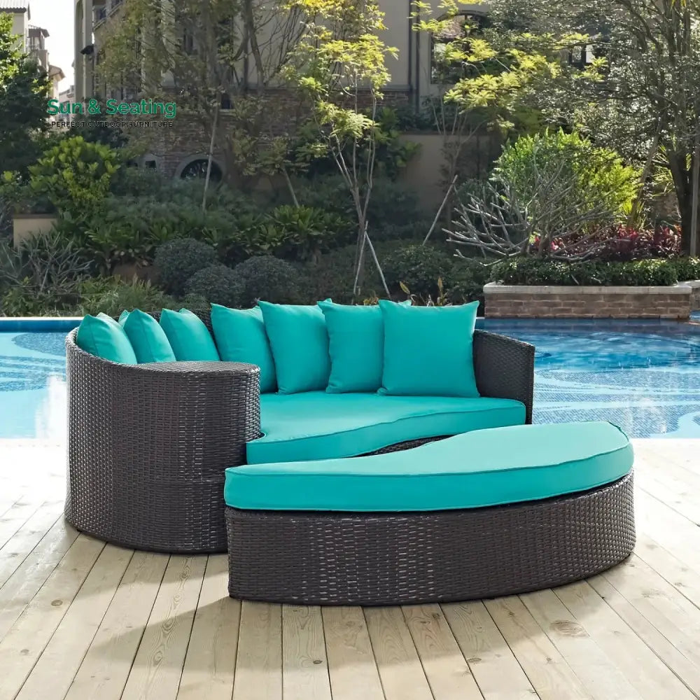Senta Outdoor Rattan Wicker Daybed (Dark Brown & Turquoise Blue) Daybed