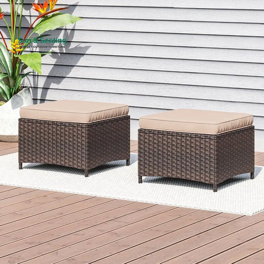 Set of 2 Outdoor Rattan Wicker Ottomans Footrest