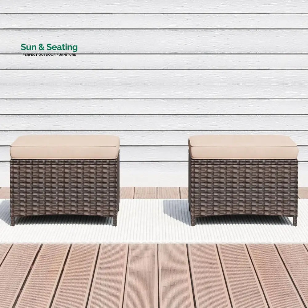 Set of 2 Outdoor Rattan Wicker Ottomans Footrest