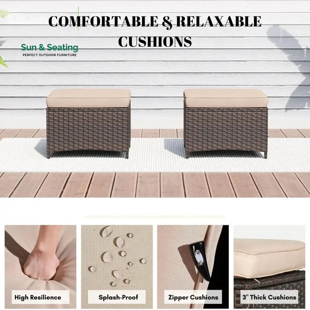 Set of 2 Outdoor Rattan Wicker Ottomans Footrest
