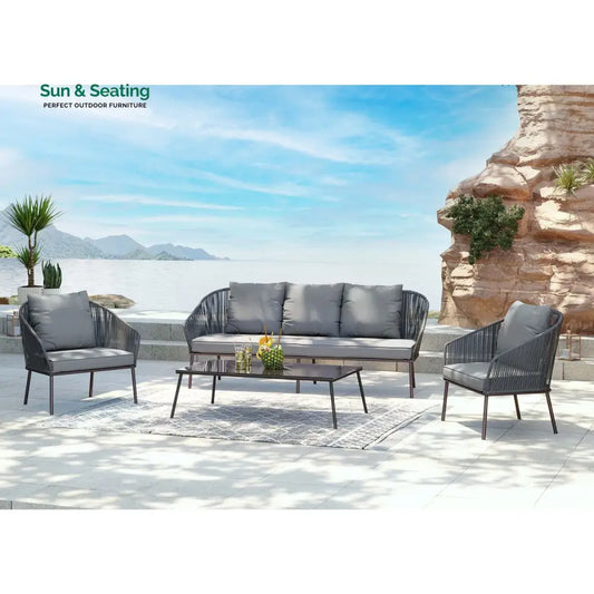 Shed Outdoor Sofa Set 3 Seater 2 Single seater and 1 Center Table Set (Dark grey) Braided & Rope Sofa Sets