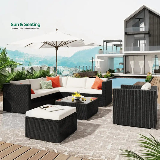 Silas Outdoor Garden Balcony Sofa Set 5 Seater Single seater With 1 Ottoman and 1 Center Table Set (Black + White) Sofa