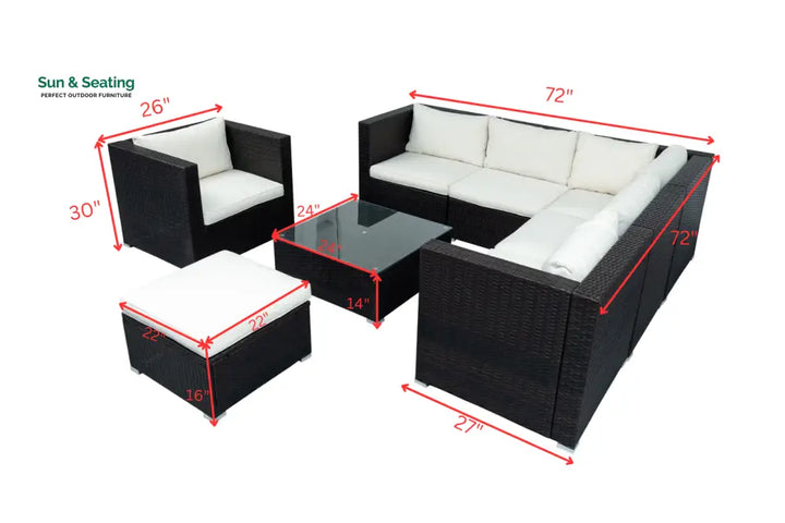 Silas Outdoor Garden Balcony Sofa Set 5 Seater Single seater With 1 Ottoman and 1 Center Table Set (Black + White) Sofa