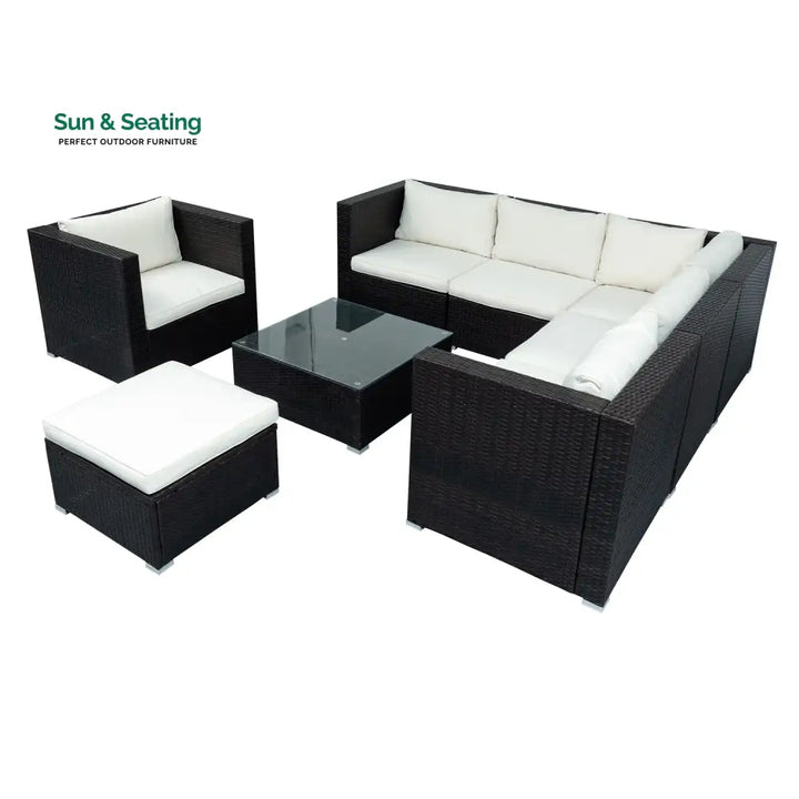 Silas Outdoor Garden Balcony Sofa Set 5 Seater Single seater With 1 Ottoman and 1 Center Table Set (Black + White) Sofa