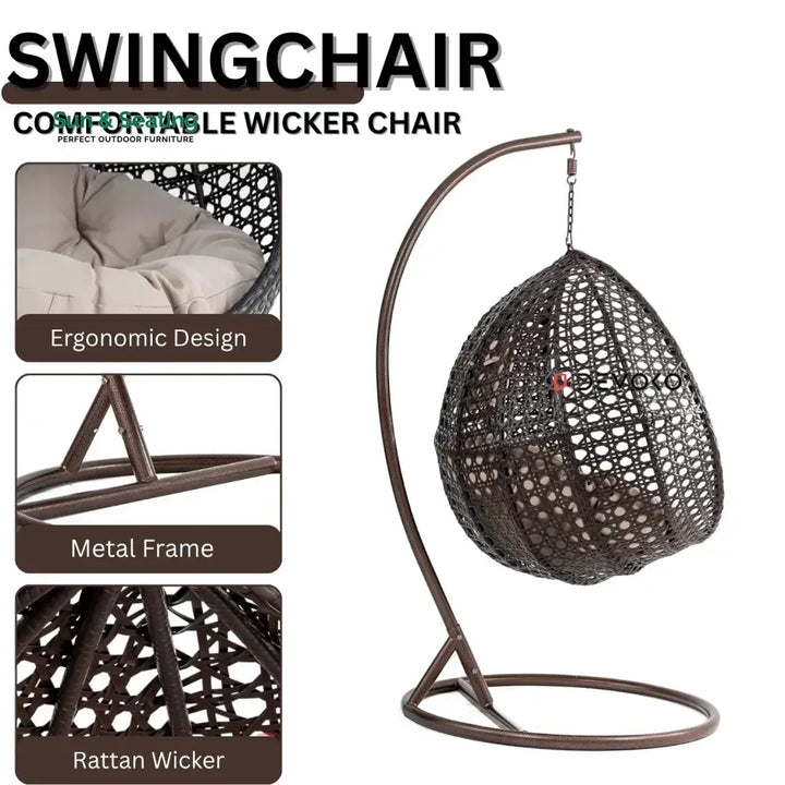 Single Seater Rattan &amp; Wicker Swing (Dark Brown and Cream) Swing