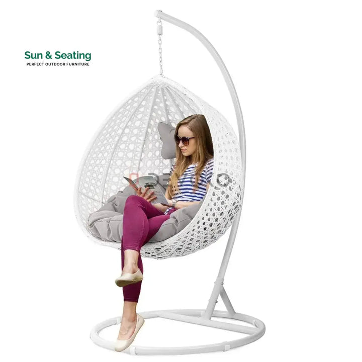 Single Seater Rattan &amp; Wicker Swing (White &amp; Grey) Swing
