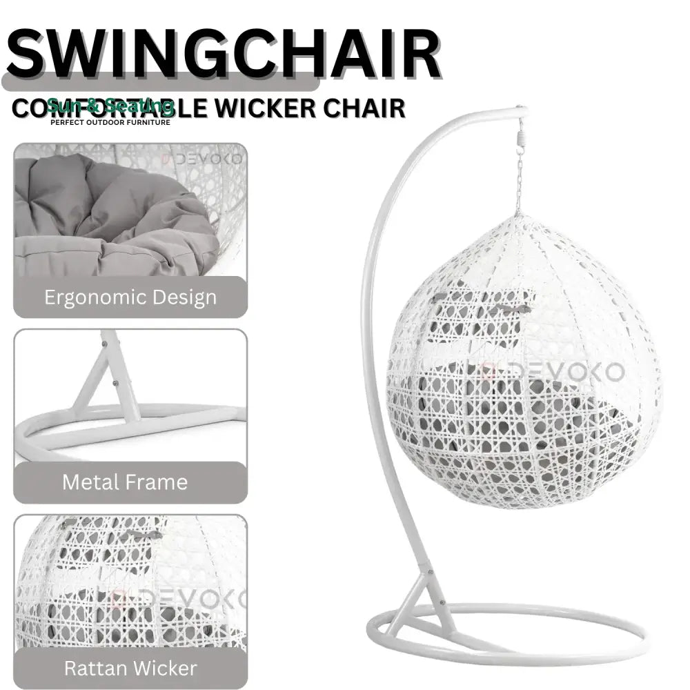 Single Seater Rattan &amp; Wicker Swing (White &amp; Grey) Swing