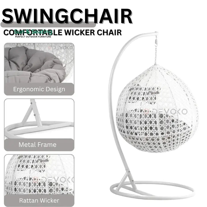 Single Seater Rattan &amp; Wicker Swing (White &amp; Grey) Swing