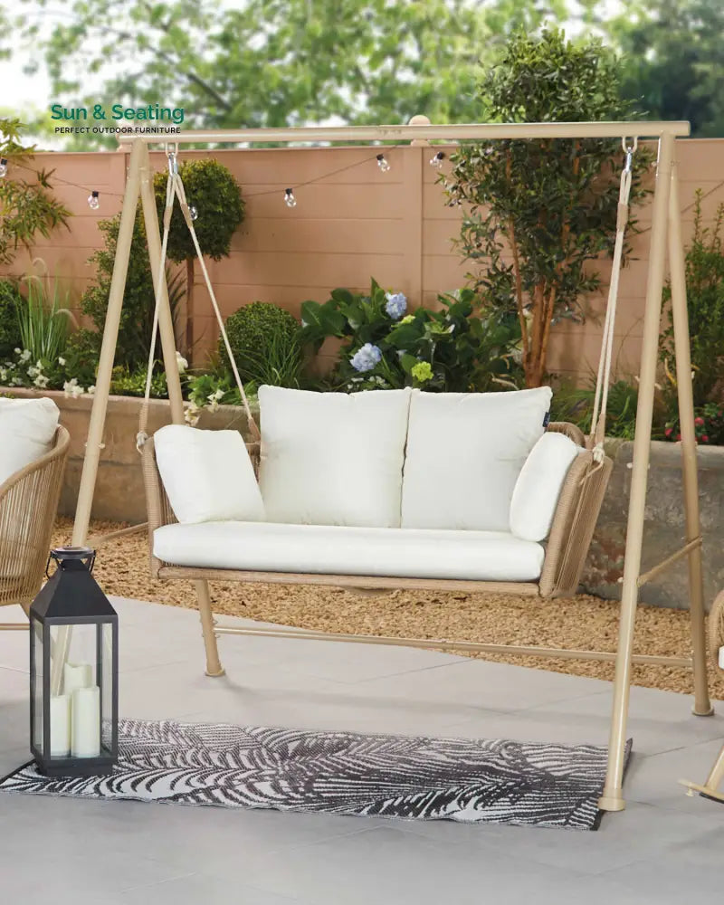 Sirena Double Seater Hanging Swing With Stand For Balcony Garden Swing (White +Tan) Swings