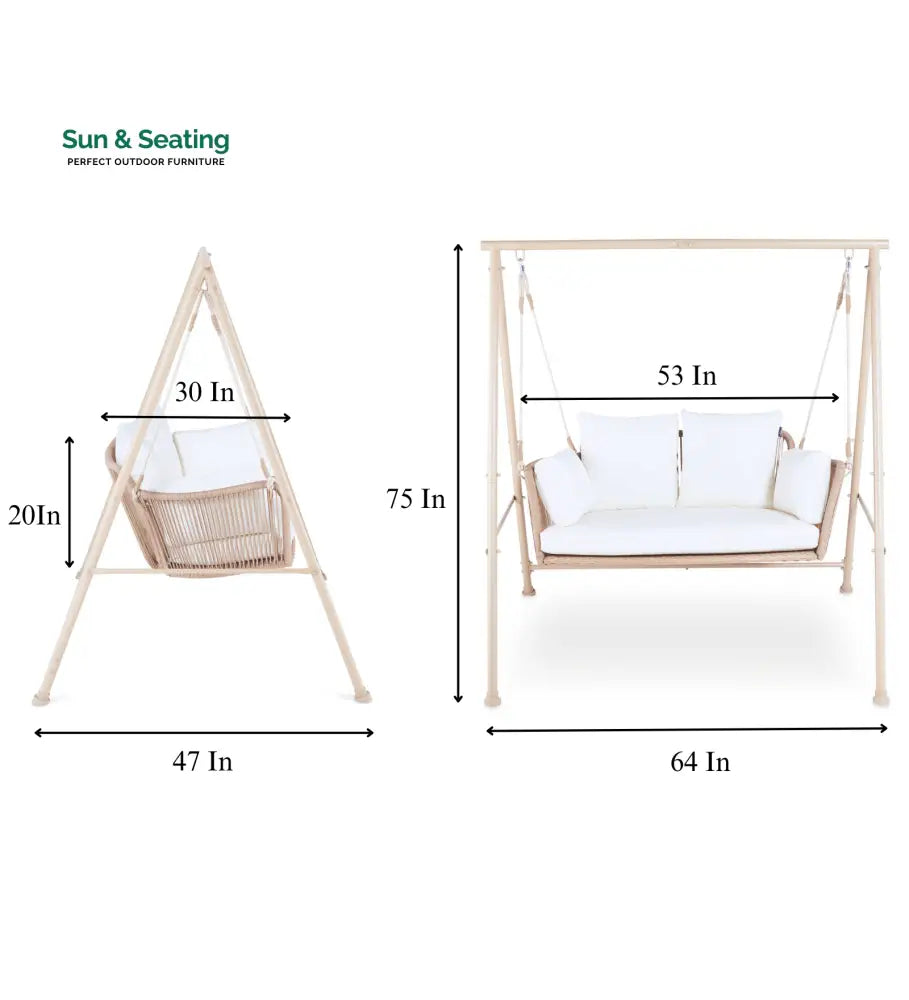 Sirena Double Seater Hanging Swing With Stand For Balcony Garden Swing (White +Tan) Swings