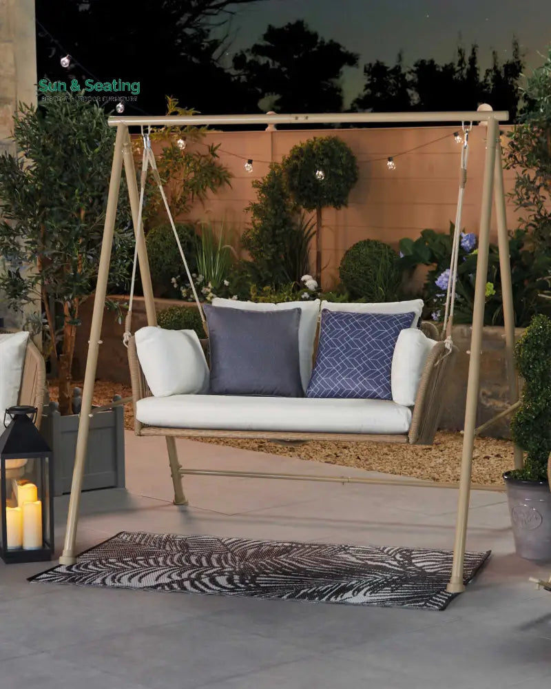 Sirena Double Seater Hanging Swing With Stand For Balcony Garden Swing (White +Tan) Swings