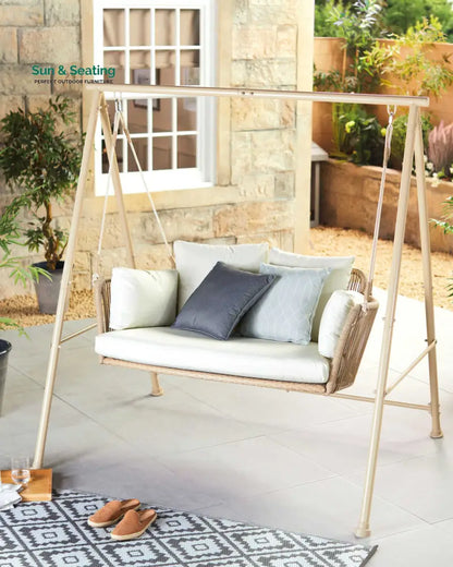 Sirena Double Seater Hanging Swing With Stand For Balcony Garden Swing (White +Tan) Swings