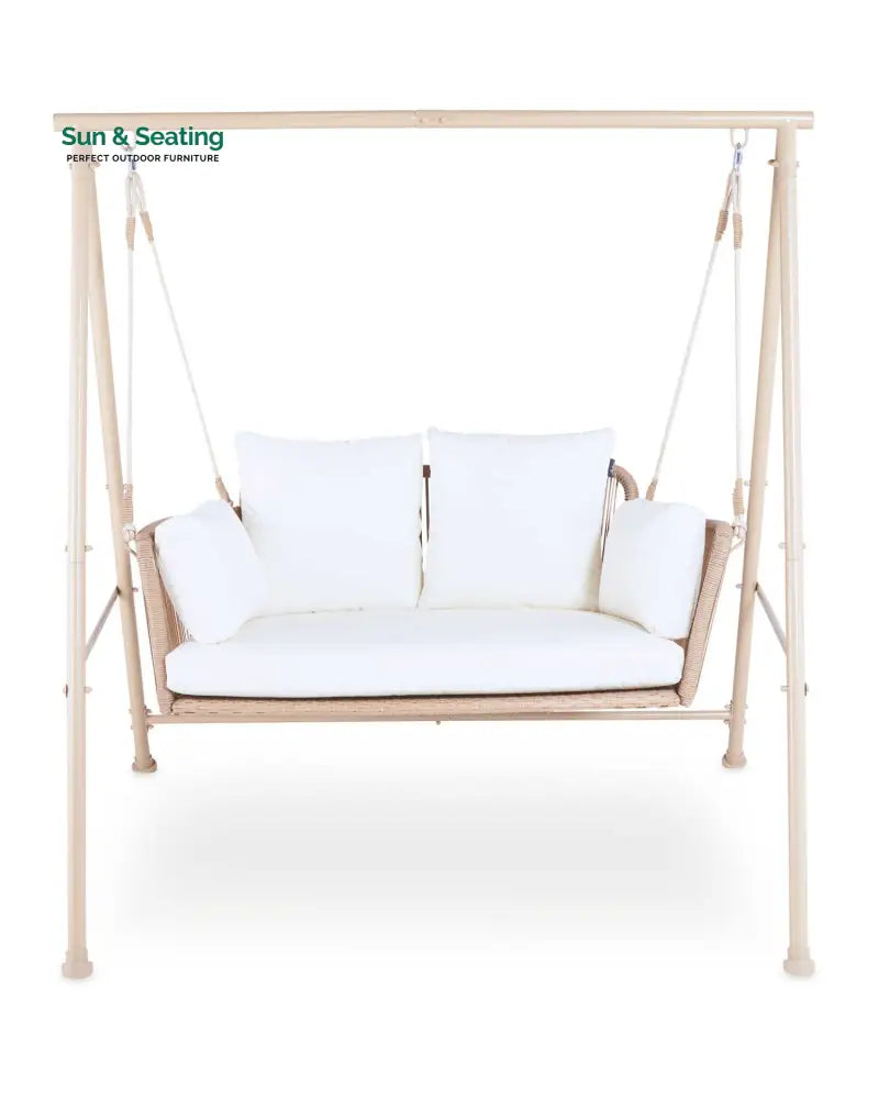 Sirena Double Seater Hanging Swing With Stand For Balcony Garden Swing (White +Tan) Swings