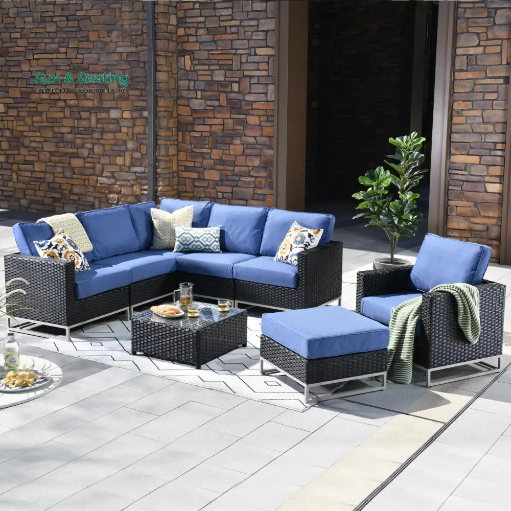 Slue Outdoor Sofa Set 5 Seater Single seater With Ottoman and 1 Center Table Set (Black) Blue Sofa Sets