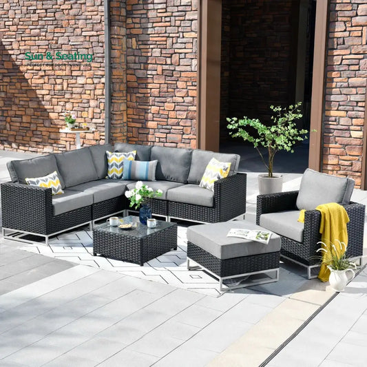 Slue Outdoor Sofa Set 5 Seater Single seater With Ottoman and 1 Center Table Set (Black) Grey Sofa Sets