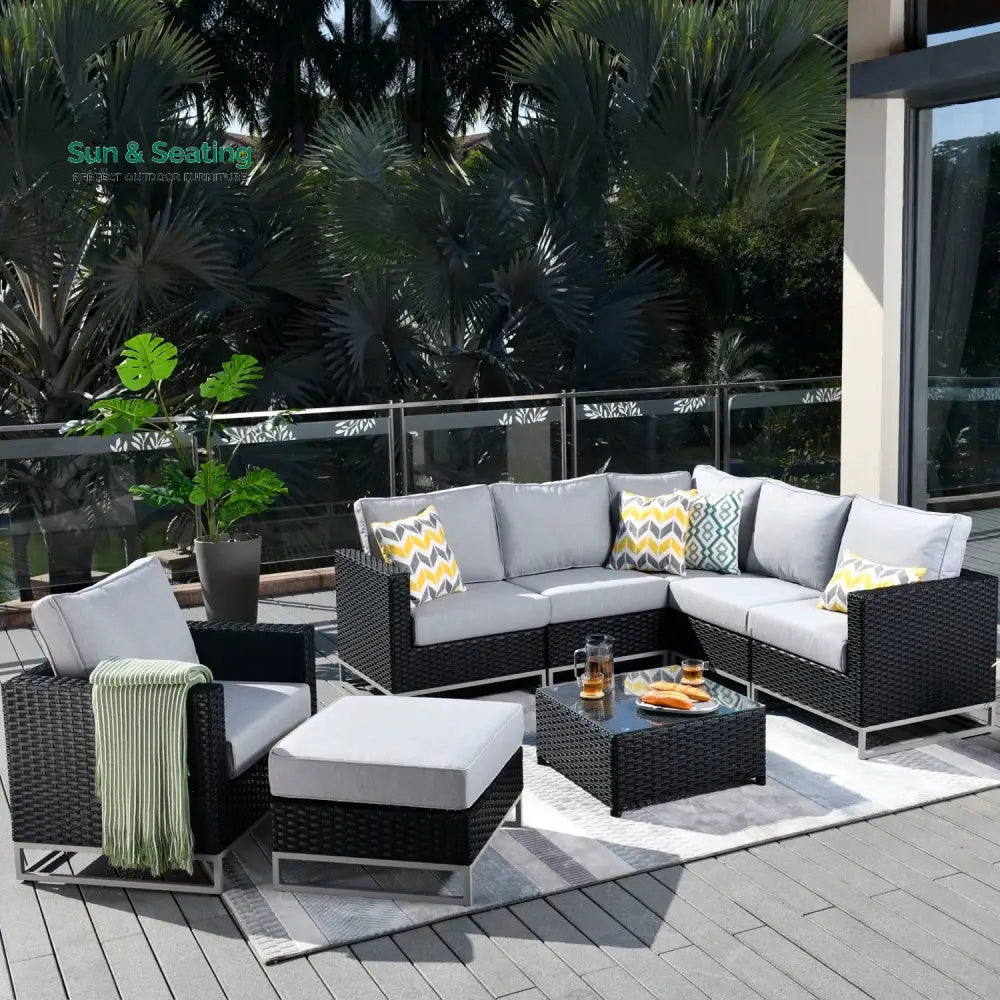 Slue Outdoor Sofa Set 5 Seater Single seater With Ottoman and 1 Center Table Set (Black) Light Grey Sofa Sets