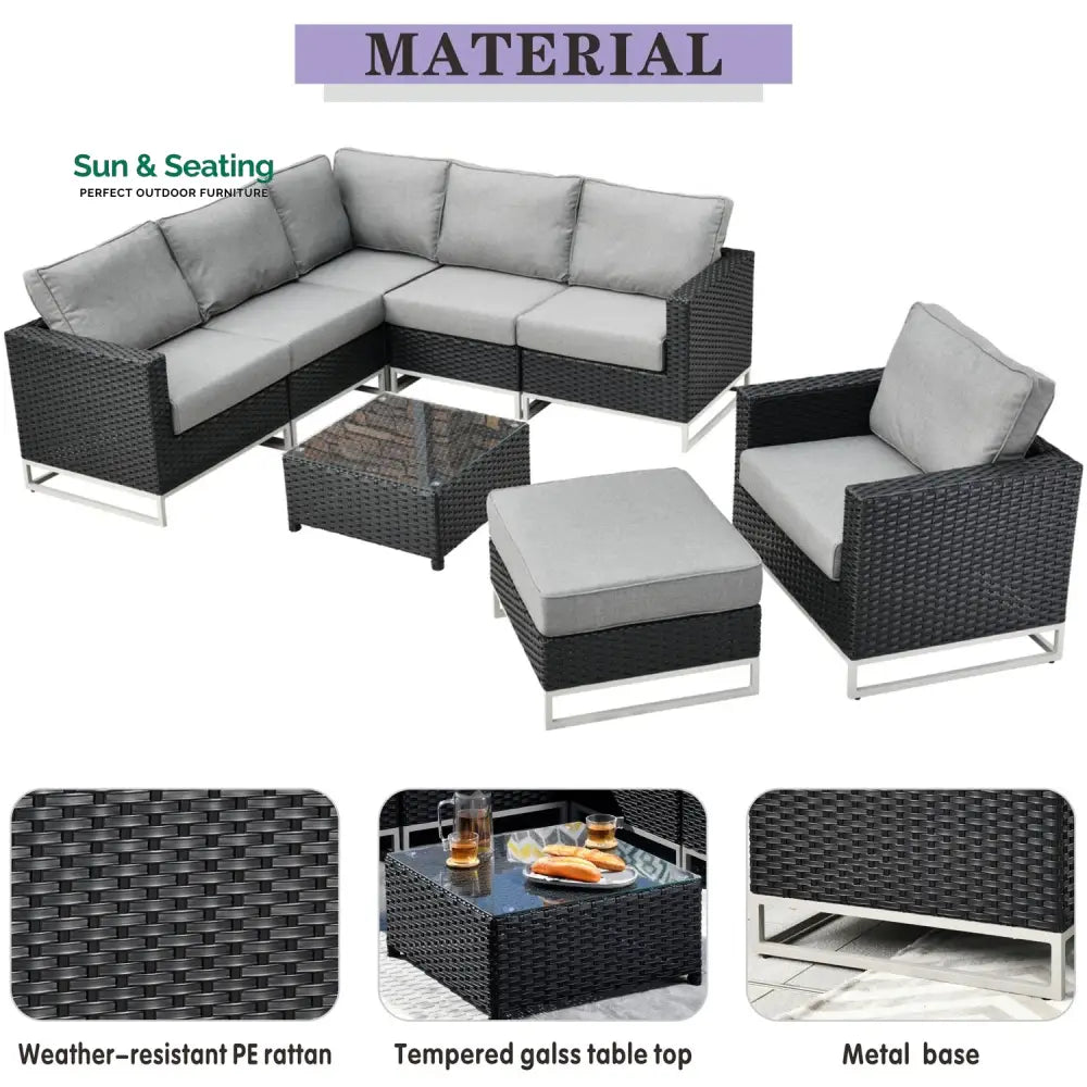 Slue Outdoor Sofa Set 5 Seater Single seater With Ottoman and 1 Center Table Set (Black) Sofa Sets