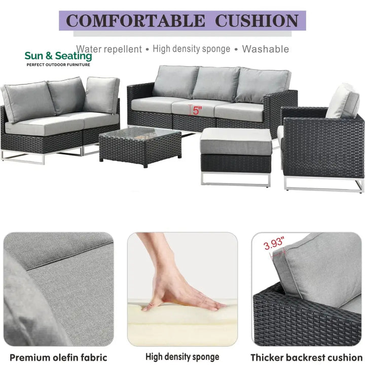 Slue Outdoor Sofa Set 5 Seater Single seater With Ottoman and 1 Center Table Set (Black) Sofa Sets