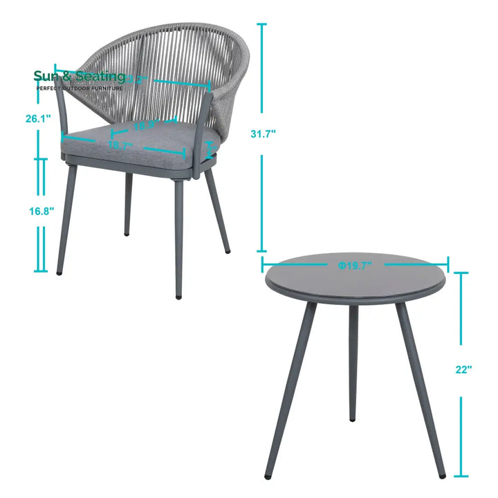 Spade Outdoor Patio Seating Set 2 Chairs and 1 Table Set (Grey) Braided &amp; Rope Coffee Table Sets