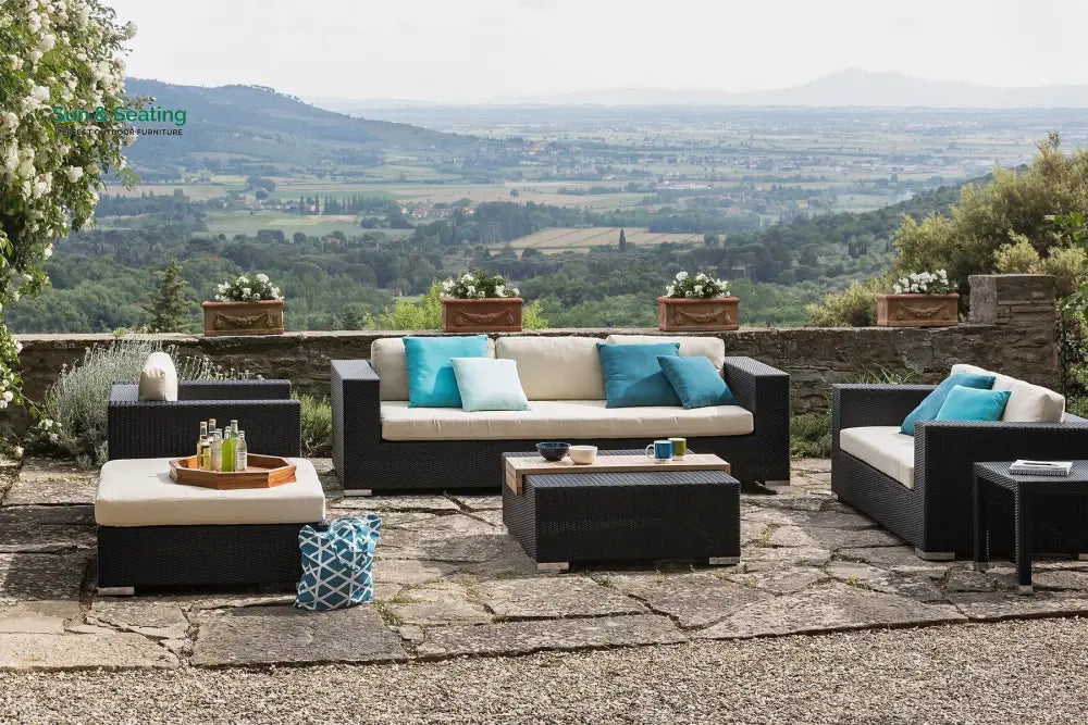 Spera Outdoor Garden Balcony Sofa Set 3 Seater 2 Seater 1 Seater 1 Ottoman 1 Center Table and 1 Side Table Set (Black)